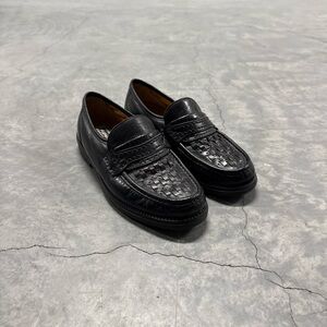 Black Woven Leather Penny Loafers for Men